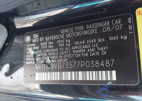 2007 BMW 335I из США, поврежденный, VIN WBAWB73577P038487